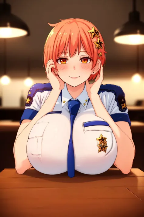 best quality, masterpiece, newest, late, <lora:kk0504-000046:1>, copkk, 1girl, solo, breasts, looking at viewer, blush, smile, short hair, indoors, bar \(place), orange hair, huge breasts, table, head rest, hand on own cheek, drunk, breast rest, breasts on table, upper body, shirt, white shirt, blue necktie, star hair ornament, police, policewoman, cocktail, elbow rest, long necktie