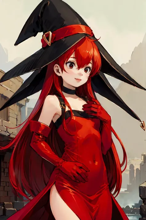 smile, cowboy shot, <lora:RtPL-Cierra:1> cierra_(riviera), red_eyes, long_hair, dress, choker, gloves, witch_hat, <lora:ponsuke:1>, ultra detailed, masterpiece, best quality,