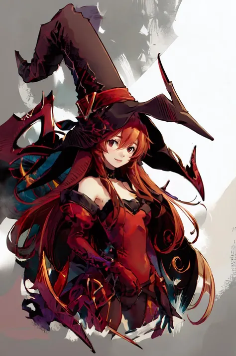 smile, cowboy shot, <lora:RtPL-Cierra:1> cierra_(riviera), red_eyes, long_hair, dress, choker, gloves, witch_hat, <lora:KnightsInTheNightmare:0.7> red theme,, ultra detailed, masterpiece, best quality,