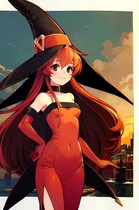 smile, <lora:RtPL-Cierra:1> cierra_(riviera), red_eyes, long_hair, dress, choker, gloves, witch_hat,, ultra detailed, masterpiece, best quality,