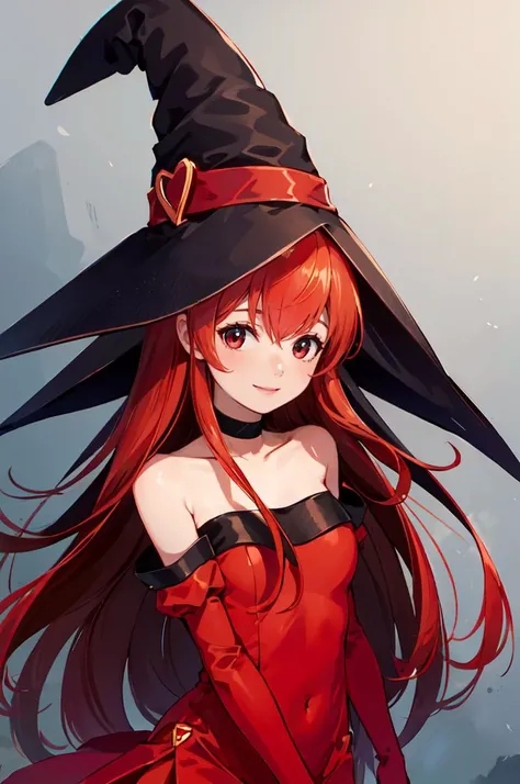 smile,  <lora:RtPL-Cierra:1> cierra_(riviera), red_eyes, long_hair, dress, choker, gloves, witch_hat,, ultra detailed, masterpiece, best quality,