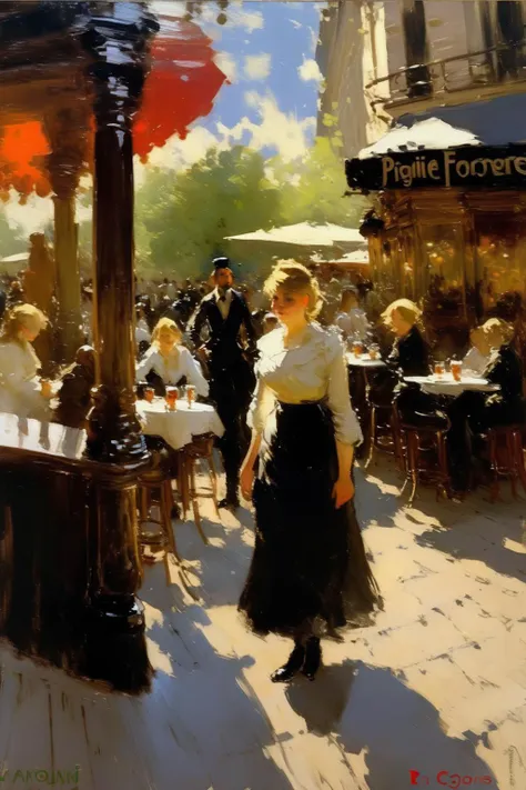 <lora:Konstantin Korovin Style:1>Konstantin Korovin Style - Anders Zorn oil painting of pigalle paris bar expressive cafe de flore blue sky clouds long shadows