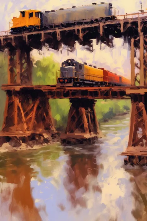 <lora:Konstantin Korovin Style:1>Konstantin Korovin Style - locomotive freight train crossing a river on a trellis, ultra realistic, fine details Impressionist painting detailed sketch