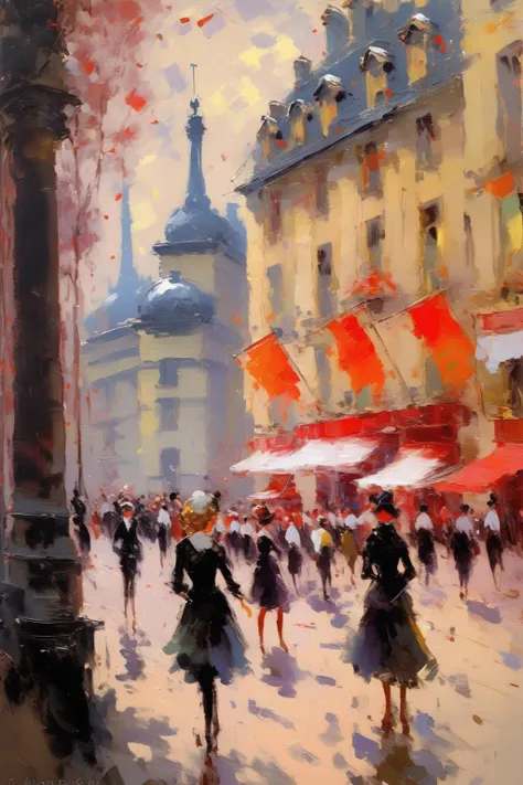<lora:Konstantin Korovin Style:1>Konstantin Korovin Style - Imagine a landscape in the Impressionism style. A bustling cityscape with wide boulevards and elegant buildings adorned with vibrant flags and banners. The artist skillfully captures the play of light and shadow, using bold and expressive brushstrokes to convey the energy and excitement of urban life. The viewer is immersed in the vibrant streets of Paris, experiencing the magic of Pissarro's masterpiece painting by Camille Pissarro.
