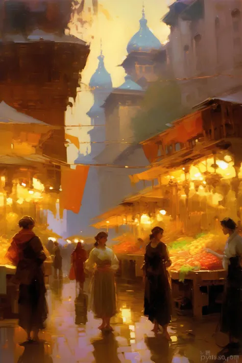 <lora:Konstantin Korovin Style:1>Konstantin Korovin Style - a painting of a city scene with a market, cyberpunk realism, golden palette, backlight, by daniel f. gerhartz and andrzej sykut
