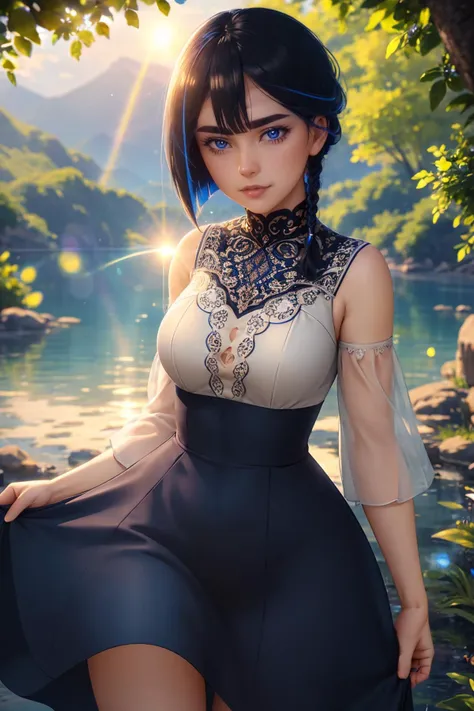 ultra detailed, sharp focus, best quality, masterpiece, colorful, <lora:FVisions_V1-Manityro-dadapt:1> FVisions, blue eyes, black hair, single braid, bottom-up view, dress, sunny, lens-flare, best quality, masterpiece, intricate details