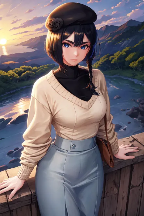 (masterpiece, best quality), outdoors, sunset, cowboy shot, 1girl, solo, FVisions, blue eyes, black hair, single braid, breasts, <lora:FVisions_V1-Manityro-dadapt:1>, toned, looking at viewer, hat, black turtleneck sweater, beige sweater,