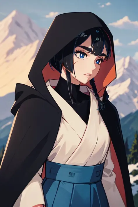 masterpiece, best quality, absurdres, perfect anatomy, FVisions, blue eyes, black hair, single braid, turtleneck, scar on cheek, black cloak, black bodysuit, hakama, hakama skirt, hood, hood up, upper body, portrait, cloud, cloudy sky, mountain, outdoors, scenery, snow, standing, <lora:FVisions_V1-Manityro-dadapt:1>