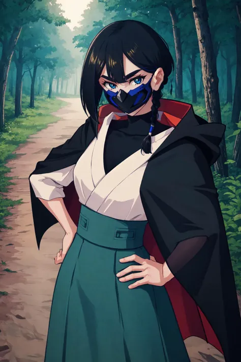 (masterpiece, best quality), outdoors, forest, dark, night, cowboy shot, 1girl, solo, FVisions, blue eyes, black hair, single braid, breasts, mask, turtleneck, black cloak, black bodysuit, hakama, aqua hakama skirt, <lora:FVisions_V1-Manityro-dadapt:1>, toned, looking at viewer, stance, hand on hip,