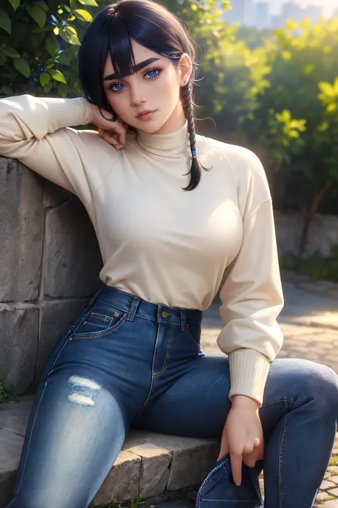 ultra detailed, sharp focus, best quality, masterpiece, colorful, <lora:FVisions_V1-Manityro-dadapt:1> FVisions, blue eyes, black hair, single braid, sitting on the ground, jeans, turtleneck, lowered head, best quality, masterpiece, intricate details