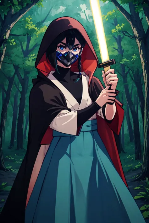 (masterpiece, best quality), outdoors, forest, dark, night, cowboy shot, 1girl, solo, FVisions, blue eyes, black hair, single braid, mask, turtleneck, black cloak, hood, hood up, black bodysuit, hakama, hakama skirt, <lora:FVisions_V1-Manityro-dadapt:1>, toned, looking at viewer, holding katana, energy sword, stance,