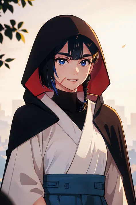 masterpiece, best quality, absurdres, perfect anatomy, FVisions, blue eyes, black hair, single braid, turtleneck, scar on cheek, black cloak, black bodysuit, hakama, hakama skirt, hood, hood up, upper body, portrait, smile, backlighting, bloom, light particles, depth of field, <lora:FVisions_V1-Manityro-dadapt:1>