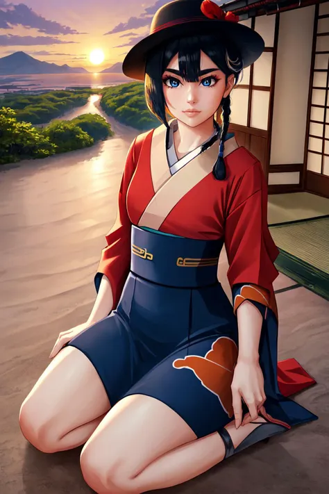 (masterpiece, best quality), east asian architecture, hut, sunset, cowboy shot, 1girl, solo, FVisions, blue eyes, black hair, single braid, <lora:FVisions_V1-Manityro-dadapt:1>, toned, looking at viewer, japanese formal clothes,  ((red kimono)), japanese hat, seiza, on floor, japanese sandels