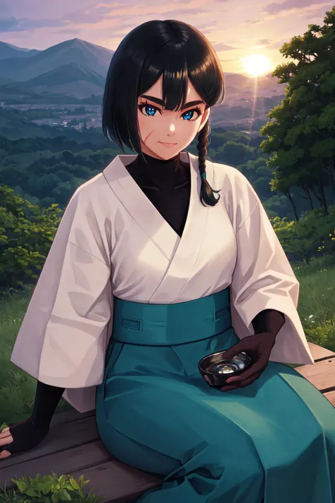 (masterpiece, best quality), outdoors, forest, sunset, japanese village, cowboy shot, 1girl, solo, FVisions, blue eyes, black hair, single braid, scar on cheek, breasts, turtleneck, black bodysuit, black gloves, hakama, aqua hakama skirt, <lora:FVisions_V1-Manityro-dadapt:1>, toned, looking at viewer, sitting, light smile,