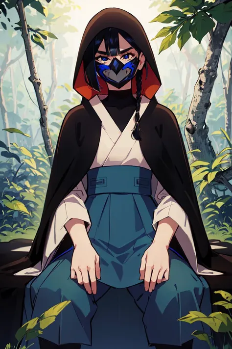 masterpiece, best quality, absurdres, perfect anatomy, FVisions, blue eyes, black hair, single braid, mask, turtleneck, black cloak, black bodysuit, hakama, hakama skirt, hood, hood up, sitting, fallen tree, jungle, <lora:FVisions_V1-Manityro-dadapt:1>