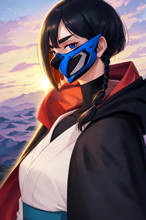 (masterpiece, best quality), outdoors, sunset, detailed face, close-up, 1girl, solo, FVisions, blue eyes, black hair, single braid, mask, breasts, black cloak, hood, hood up, turtleneck, black bodysuit, hakama, <lora:FVisions_V1-Manityro-dadapt:1>, toned, looking at viewer, from side, profile