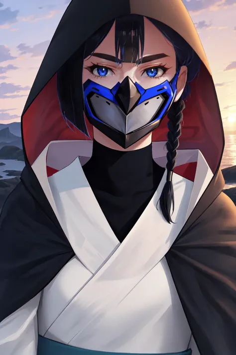 (masterpiece, best quality), outdoors, sunset, detailed face, close-up, 1girl, solo, FVisions, blue eyes, black hair, single braid, mask, breasts, black cloak, hood, hood up, turtleneck, black bodysuit, hakama, <lora:FVisions_V1-Manityro-dadapt:1>, toned, looking at viewer,