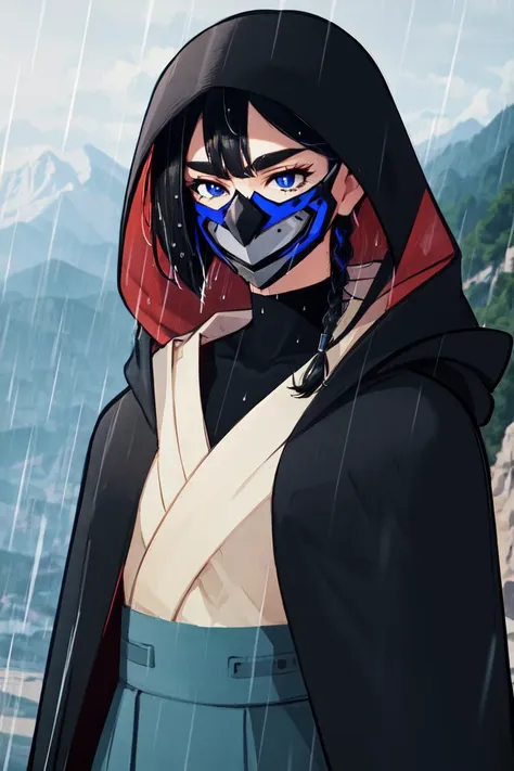 masterpiece, best quality, absurdres, perfect anatomy, FVisions, blue eyes, black hair, single braid, mask, turtleneck, black cloak, black bodysuit, hakama, hood, hood up, standing, portrait, upper body, mountain range, cliffs, rain, <lora:FVisions_V1-Manityro-dadapt:1>