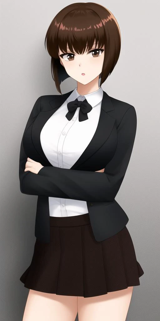 masterpiece, best_quality, highres, TendouNabiki, short_hair, bangs, large_breasts, brown_hair, brown_eyes, <lora:TendouNabiki:.65>, solo, skirt_suit