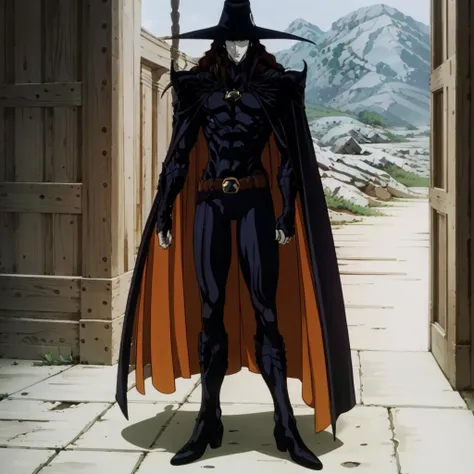 masterpiece,highres,high quality,extremely detailed,solo,
<lora:VampireHunterD001:0.7>,
VampireHunterD,1half-vampire,
hat,
cape,shoulder armor,
bodysuit,
belt,
boots,
full body,