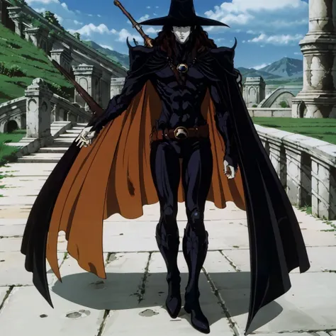 masterpiece,highres,high quality,extremely detailed,solo,
<lora:VampireHunterD001:0.7>,
VampireHunterD,1half-vampire,
hat,
weapon on back,
cape,shoulder armor,
bodysuit,
belt,
boots,
full body,
running,
