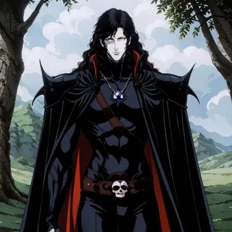 (1half-vampire: VampireHunterD), (extremely detailed CG unit 8k wallpaper),(master part), (best quality), (ultra detail), (best illustration),(Oda Eiichirou style), cowboy shot, (Sharp eyeliner, ombre, detail eyes:1), Dracula Castle background, ,break , (vamptech), long hair ,black hair, Upper body, hat, gem_necklace, cape,shoulder armor, bodysuit, skull_belt,