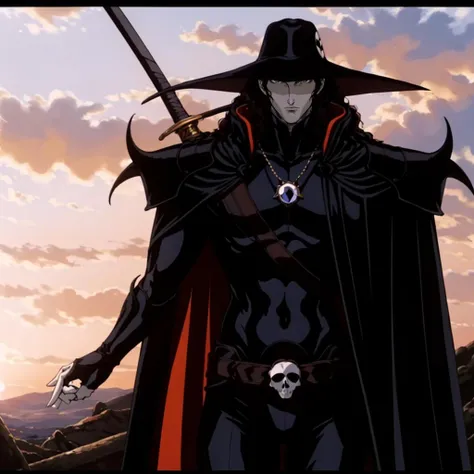 <lora:VampireHunterD004:0.7>,solo,
VampireHunterD,1half-vampire,
hat,
gem_necklace,
cape,shoulder armor,
bodysuit,
skull_belt,
holding sword,
nature,sunset,katana,
