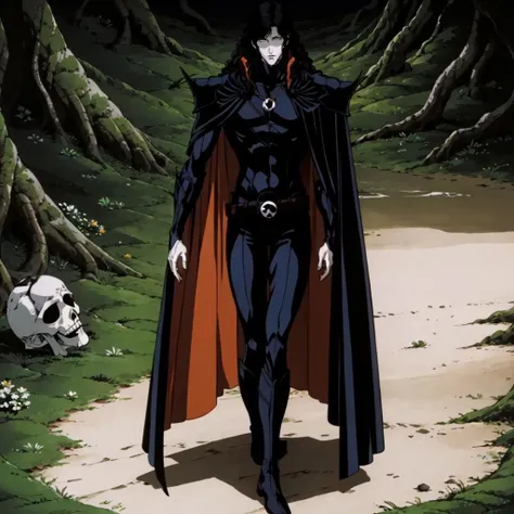 <lora:VampireHunterD004:0.7>,solo,
VampireHunterD,1half-vampire,
gem_necklace,
cape,shoulder armor,
bodysuit,
skull_belt,
boots,
nature,