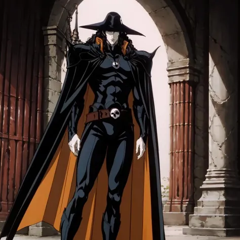 <lora:VampireHunterD004:0.7>,solo,
VampireHunterD,1half-vampire,
hat,
gem necklace,
cape,shoulder armor,
bodysuit,
skull belt,
boots,