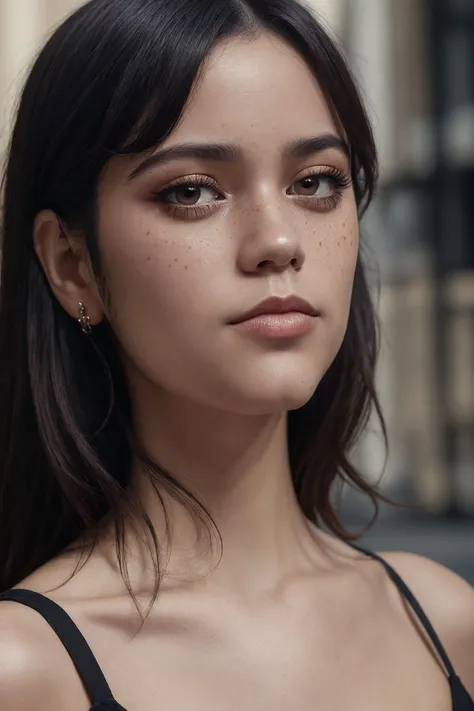 jenna_ortega wearing brown leather jacket, long wavy hair, bangs, eyeliner, eyeshadow, eyelashes, lipstick, makeup,
hoop earrings,
upper body close-up, brick wall background,
<lora:JennaOrtega_Rebirth:0.7>