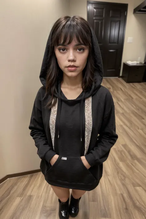Teenage girl, brown hair, brown eyes, wearing all black clothes