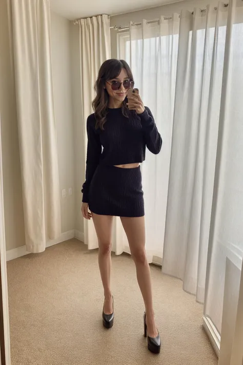 (masterpiece, highest quality, high quality, best quality:1.3, realistic), portrait of a 1girl standing, wide hips, small breasts, 1960's clothing, (sheer mini skirt), thighs, sheer dress, 2020's hairstyle, (alluring smile:1.2), full body