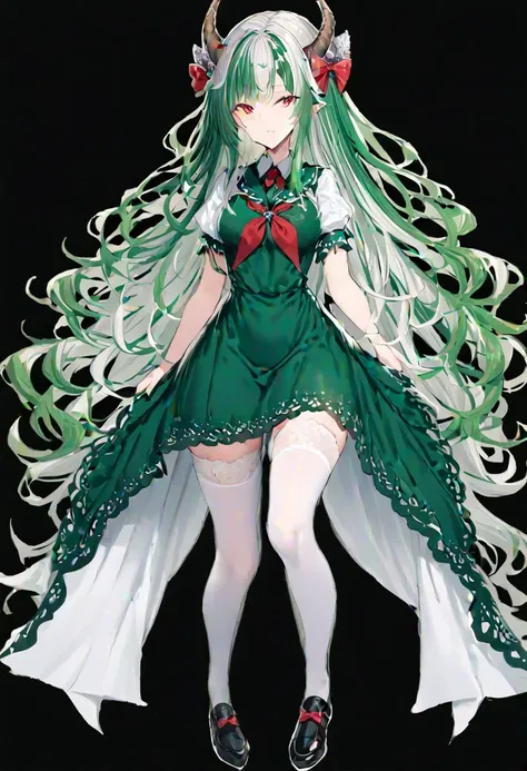 masterpiece, best quality, ultra-detailed, beautiful, nai3, 1girl, solo, full_body, tachi-e,
kamishirasawa keine, ex-keine, 1girl, too_many_lace, lace, greenhair, horns, horn bow, long hair, red eyes, bow, green dress, short sleeves, red_eyes, long_hair, two-tone_hair, white_hair, green_hair, sidelocks, bangs, horns, green_dress, collared_dress, puffy_short_sleeves, red_neckerchief, red_bow, tail, green_skirt, white_legwear, black_footwear