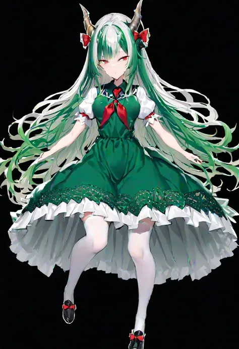 masterpiece, best quality, ultra-detailed, beautiful, nai3, 1girl, solo, full_body, tachi-e,
kamishirasawa keine, ex-keine, 1girl, too_many_lace, lace, greenhair, horns, horn bow, long hair, red eyes, bow, green dress, short sleeves, red_eyes, long_hair, two-tone_hair, white_hair, green_hair, sidelocks, bangs, horns, green_dress, collared_dress, puffy_short_sleeves, red_neckerchief, red_bow, tail, green_skirt, white_legwear, black_footwear