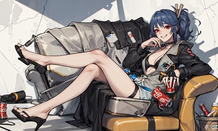 (extremely detailed CG unity 8k wallpaper),(masterpiece), (best quality), (ultra-detailed), (best illustration),(best shadow), (sharp eyeliner, eyeshadow, detailed eyes:1.1), (bunker,) detailed background, (full body),  shell casing, bullet hole, books, computer, pens, table, military map on wall, 1girl,(black high heels), solo, <lora:k11GirlsFrontline_v1:0.9>,  k11,  grin, hand on own cheek,  perfect_hands, sitting, red couch,  bags, red eyes, blue hair, crossed legs, box, coca-cola, cup, 
<lora:StyleLORA_dygV10 (1):0.4>