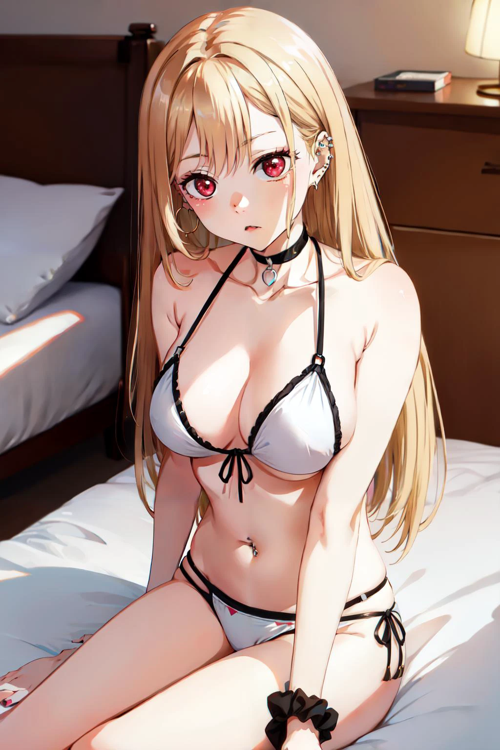 1girl, Marin Kitagawa, long hair, blonde hair, red eyes, piercing, earrings, ear piercing, stud earrings, black choker, wrist scrunchie, long fingernails, <lora:Marin Kitagawa_V1(colab)-000004:0.8>, gyaru, (white bikini:1.2), shy, lying in bed,, (masterpiece:1.2), highres, best quality, 8k, very clear,