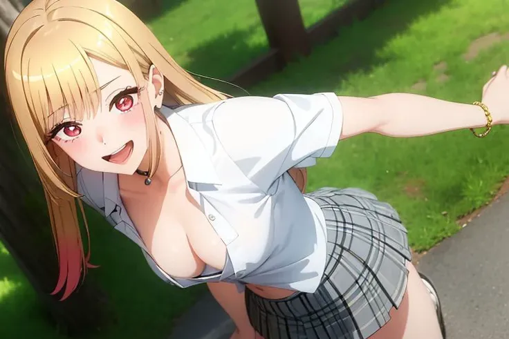 (masterpiece, best quality:1.2), highly detailed, extremely detailed CG unity 8k, ultra high res, 1girl, solo, bisquedoll anime style, kitagawa marin, 1girl, bead bracelet, beads, blonde hair, blush, bracelet, jewelry, long hair, plaid, red eyes, outdoors, smile, solo, white background, ((masterpiece)) <lora:bisquedoll_anime_style_offset:1>,( (bent over)), (wearing loose low-cut top), collarbone, cleavage, open mouth, open school uniform, skirt ((small breasts)),