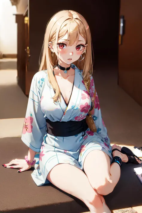 1girl,  Marin Kitagawa, long hair, blonde hair, red eyes, piercing, earrings, ear piercing, stud earrings, black choker,  bead bracelet, wrist scrunchie, long fingernails, <lora:Marin Kitagawa_V1(colab)-000004:0.8>, gyaru, (yukata:1.2), shy, white toe socks, clogs, sit on the ground,, (masterpiece:1.2), highres, best quality, 8k, very clear,