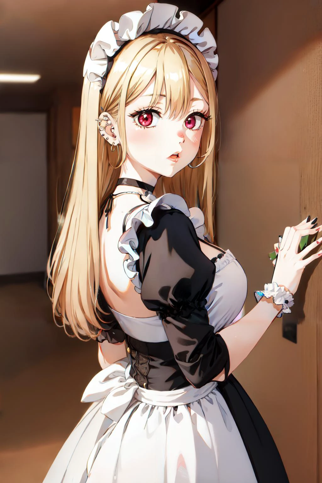 1girl, Marin Kitagawa, long hair, blonde hair, red eyes, piercing, earrings, ear piercing, stud earrings, black choker, wrist scrunchie, long fingernails, <lora:Marin Kitagawa_V1(colab)-000004:0.8>, gyaru, (maid dress:1.2), shy, maid headdress,, (masterpiece:1.2), highres, best quality, 8k, very clear,
