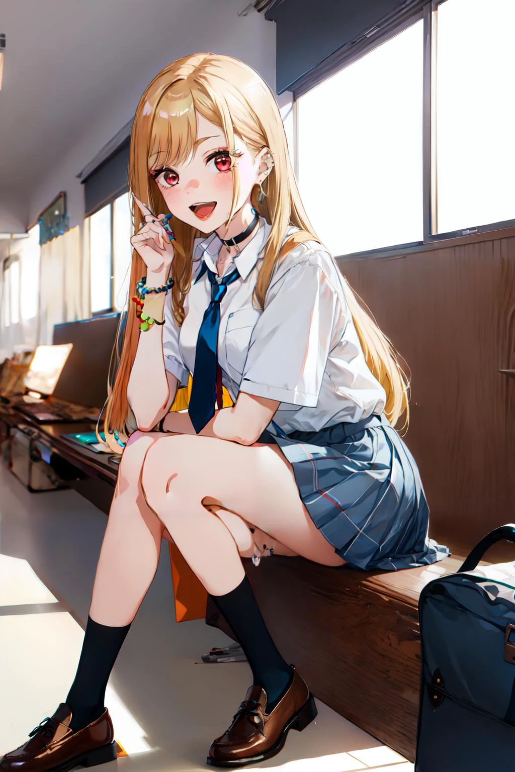 1girl, Marin Kitagawa, long hair, blonde hair, red eyes, piercing, earrings, ear piercing, stud earrings, black choker, loose necktie, school uniform, white collared shirt, (blue skirt:1.1), pleated skirt, plaid skirt, bead bracelet, wrist scrunchie, long fingernails, <lora:Marin Kitagawa_V1(colab)-000004:0.8>, open mouth, smile, black socks, brown footwear,, (masterpiece:1.2), highres, best quality, 8k, very clear,