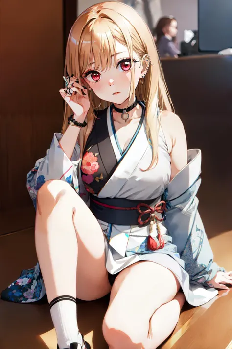 1girl, Marin Kitagawa, long hair, blonde hair, red eyes, piercing, earrings, ear piercing, stud earrings, black choker, bead bracelet, wrist scrunchie, long fingernails, <lora:Marin Kitagawa_V1(colab)-000004:0.8>, gyaru, (kimono:1.2), shy, white toe socks, clogs,, (masterpiece:1.2), highres, best quality, 8k, very clear,