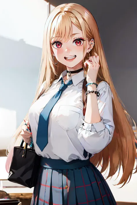1girl,  Marin Kitagawa, long hair, blonde hair, red eyes, piercing, earrings, ear piercing, stud earrings, black choker, loose necktie,  school uniform, white collared shirt, (blue skirt:1.1), pleated skirt, plaid skirt, bead bracelet, wrist scrunchie, long fingernails, <lora:Marin Kitagawa_V1(colab)-000004:0.8>, grin,, (masterpiece:1.2), highres, best quality, 8k, very clear,
