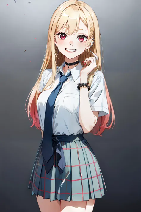 1girl, Marin Kitagawa, long hair, blonde hair, red eyes, piercing, earrings, ear piercing, stud earrings, black choker, loose necktie, school uniform, white collared shirt, (blue skirt:1.1), pleated skirt, plaid skirt, bead bracelet, wrist scrunchie, long fingernails, <lora:Marin Kitagawa_V1(colab)-000004:0.8>, grin, smile, gyaru,, (masterpiece:1.2), highres, best quality, 8k, very clear,