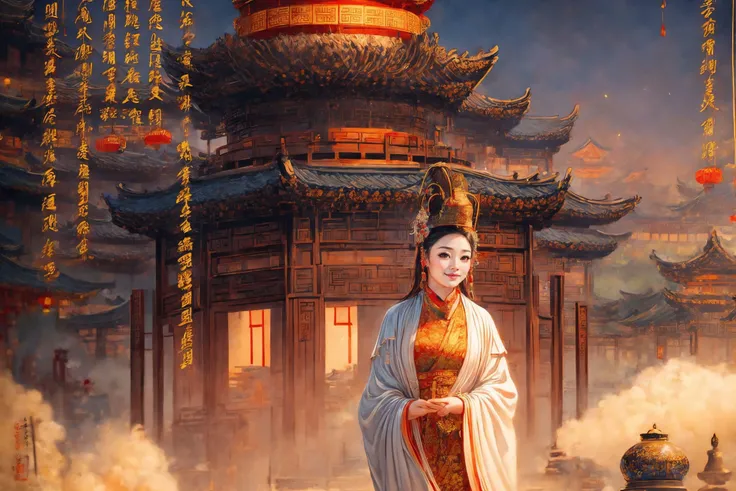 ((best quality)), ((masterpiece)), (detailed) 
 (xinjin ,chinese text,  text focus,wall of text),
((guanyin,1girl,smirk)),
(jile, east asian architecture,architecture),
<lora:add_detail:1>,<lora:yuzuv10:0.7>, <lora:bguanyinv3:0.787>