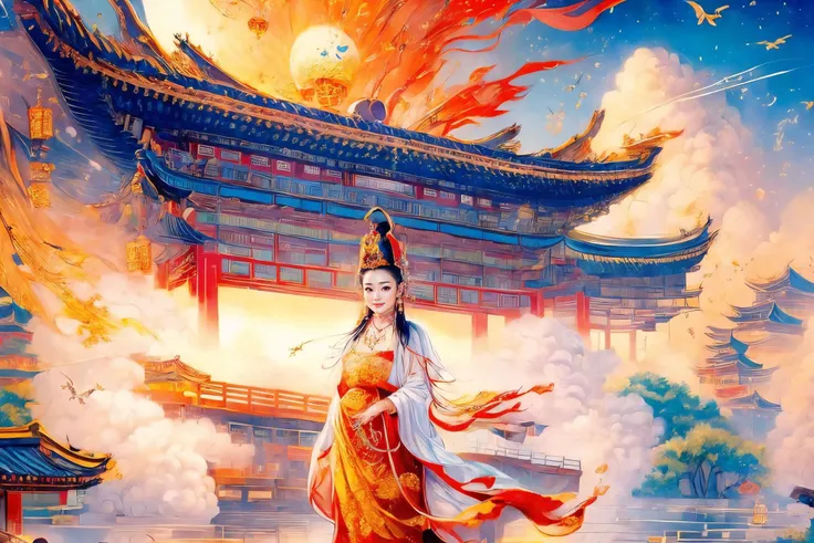 ((best quality)), ((masterpiece)), (detailed) ,
((xinjin ,chinese text, text focus,wall of text)),
((guanyin,1girl,smirk),eastern dragon,water,jewelry, moon, necklace, cloud,),
(jile, east asian architecture,architecture),
<lora:add_detail:1>,<lora:yuzuv10:0.7>, <lora:bguanyinv3:0.887>