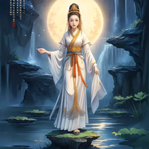 ((best quality)), ((masterpiece)),
((tangka,1girl)),lotus,water,full moon,hanfu,dress,chinese clothes,(chinese text, text focus,wall of text),
<lora:bguanyinv5:0.489>,
<lora:add_detail:0.512>, <lora:yuzuv10:0.3>,