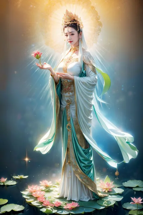 ((1girl and guanyin,mantra)),(),water,standing,lotus, lily pad,jewelry,wide sleeves, chinese clothes, hanfu,shawl, hair ornament, holding flower, earrings, crown,<lora:add_detail:2>,<lora:yuzu2:0.7>, <lora:bguanyinv1:0.587>