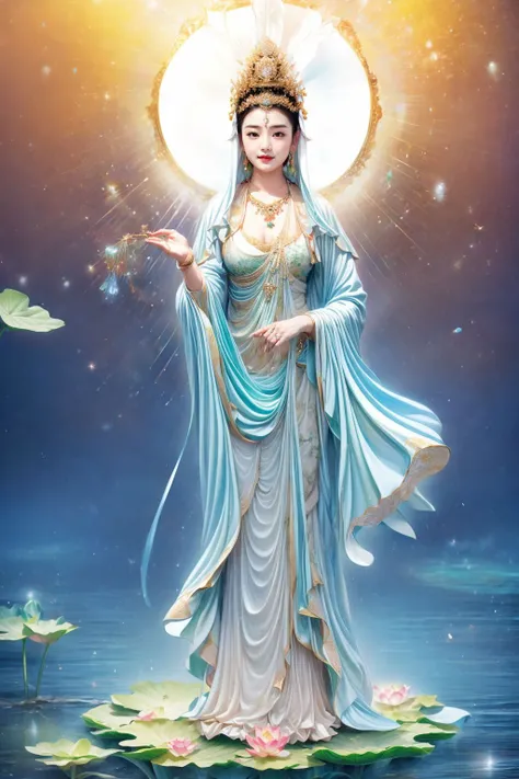 ((1girl and guanyin)),lake,standing,lotus, lily pad,jewelry,wide sleeves, chinese clothes, hanfu,shawl, hair ornament, holding flower, earrings, crown,water and mantra,<lora:add_detail:2>,<lora:yuzu2:0.7>, <lora:bguanyinv1:0.887>