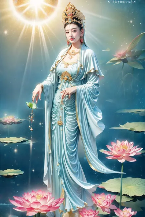 ((1girl and guanyin)),water,moon,standing,lotus, lily pad,jewelry,wide sleeves, chinese clothes, hanfu,shawl, hair ornament, holding flower, earrings, bottle, crown,<lora:add_detail:2>,<lora:yuzu2:0.7>, <lora:bguanyinv1:0.887>