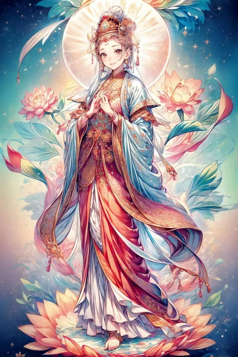 ((1girl and guanyin,mantra)),(),water,standing,lotus, lily pad,jewelry,wide sleeves, chinese clothes, hanfu,shawl, hair ornament, holding flower, earrings, crown,<lora:add_detail:2>,<lora:yuzu2:0.7>, <lora:bguanyinv1:0.687>